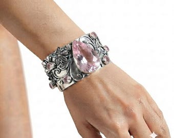 Kunzite Adjustable Cuff Bracelet in Solid 925 Sterling Silver Handmade Pink Gemstone Open Cuff Women’s Statement Jewelry Gift for Her