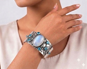 Moonstone & Blue Topaz Adjustable Cuff Bracelet in Solid 925 Sterling Silver | Handmade Gemstone Open Cuff | December Jewelry | Gift for Her