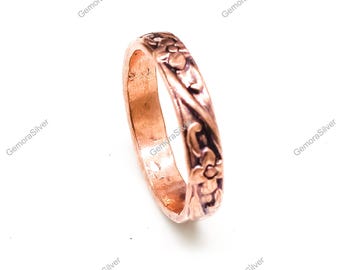 Handmade Floral Copper Band Ring - Antiqued Rustic Design Jewelry