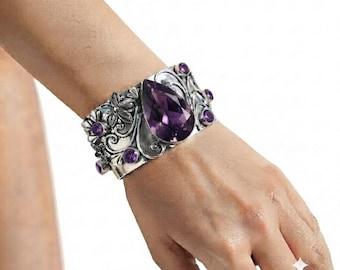 Amethyst Adjustable Cuff Bracelet in Solid 925 Sterling Silver | Handmade Purple Gemstone Open Cuff February Birthstone Jewelry Gift For Her