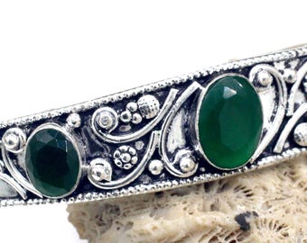 Green Emerald 925 Sterling Silver Cuff Bracelet - Adjustable Bangle