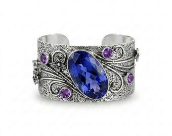 925 Sterling Silver Tanzanite & Amethyst Cuff Bracelet, Handmade Gemstone Open Cuff Vintage Style Adjustable Bracelet Statement Jewelry Gift