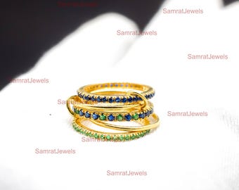 Anillo de plata de ley con múltiples eslabones y zafiro esmeralda, chapado en oro de 22 quilates