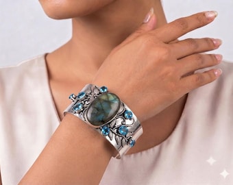 Labradorite & Blue Topaz Adjustable Cuff Bracelet in Solid 925 Sterling Silver | Handmade Gemstone Open Cuff | December Jewelry Gift for Her