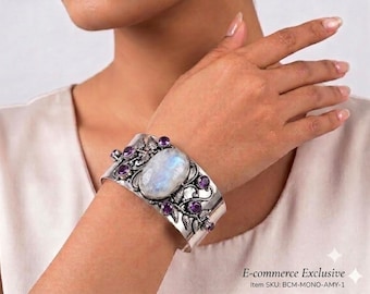 Moonstone & Amethyst Adjustable Cuff Bracelet in Solid 925 Sterling Silver Handmade Gemstone Open Cuff February Birthstone Jewelry Gift
