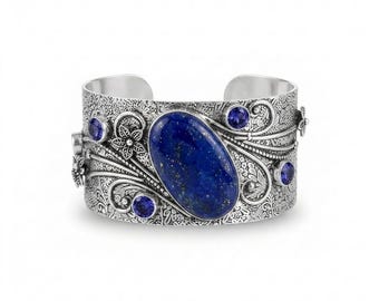 925 Sterling Silver Lapis Lazuli & Amethyst Cuff Bracelet, Handmade Gemstone Open Cuff, Vintage Style Adjustable Bracelet, Statement Jewelry