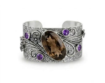 925 Sterling Silver Smoky Quartz & Amethyst Cuff Bracelet, Handmade Gemstone Open Cuff, Vintage Style Adjustable Bracelet, Statement Jewelry