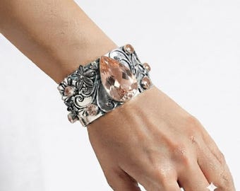 Morganite Adjustable Cuff Bracelet in Solid 925 Sterling Silver | Handmade Pink Gemstone Open Cuff Elegant Fine Jewelry Gift for Her