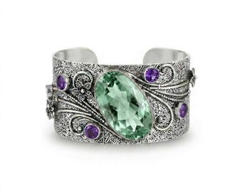 925 Sterling Silver Green Amethyst & Purple Amethyst Cuff Bracelet, Handmade Gemstone Open Cuff, Vintage Style Adjustable Bracelet Statement