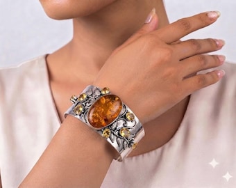 Amber & Citrine Adjustable Cuff Bracelet in Solid 925 Sterling Silver | Handmade Gemstone Open Cuff | Statement Jewelry | Gift for Her
