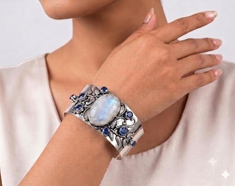 Moonstone & Tanzanite Adjustable Cuff Bracelet in Solid 925 Sterling Silver | Handmade Gemstone Open Cuff | December Birthstone Jewelry