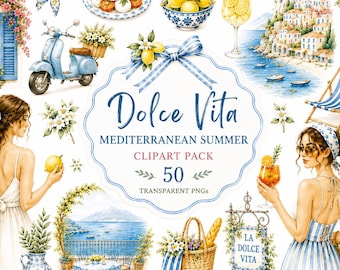 Mediterranean Summer Clipart PNG Bundle | 50 Watercolor Italian Summer Sticker Pack | Dolce Vita Aesthetic | Amalfi Coast Lemon Clipart