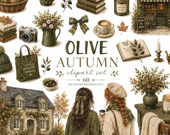 Olive Green Autumn Clipart PNG, 60 Cozy Fall Watercolor Clipart, Cottagecore Autumn PNG, Fall Leaves Pumpkin Coffee Book Clip Art