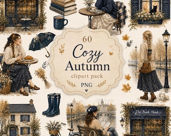 60 Cozy Autumn Clipart PNG, Fall Watercolor Clipart, Navy Blue Cottagecore, Bookish Cafe, Cozy Girl, Fall Journal Scrapbook PNG