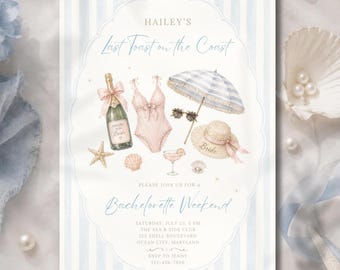 Coastal Bachelorette Weekend Invitation Template, Beach Itinerary, Blue Stripe Bridal Party Canva Invite