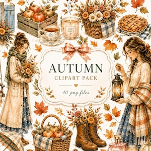 May include: A digital collection of autumn-themed illustrations featuring two figures, pumpkins, floral baskets, a mailbox, a pie, a lantern, and fall foliage. The central label reads AUTUMN CLIPART PACK 40 png files with a thank you note nearby.