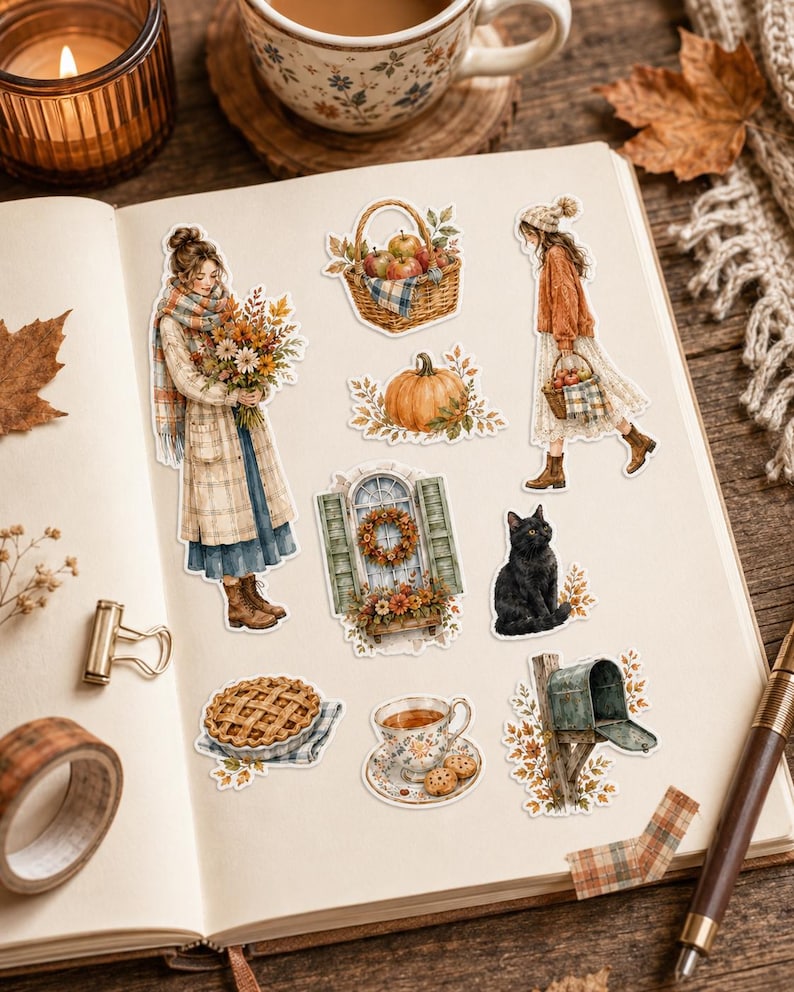 May include: A collection of autumn-themed stickers featuring a person holding flowers, a basket of apples, a person walking with a basket, a pumpkin, a window with a wreath, a black cat, a pie, a teacup with cookies, and a mailbox with fall leaves.