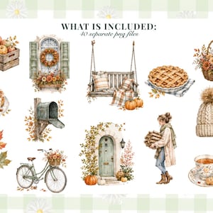 May include: A collection of 40 digital illustrations featuring autumn-themed elements including a wooden crate of apples, a window with a wreath, a porch swing, a pie, a flower basket, a mailbox, a bicycle, a door, a person with firewood, and a beanie.