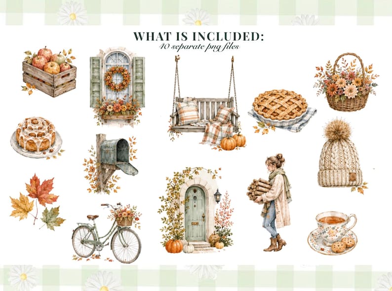 May include: A collection of 40 digital illustrations featuring autumn-themed elements including a wooden crate of apples, a window with a wreath, a porch swing, a pie, a flower basket, a mailbox, a bicycle, a door, a person with firewood, and a beanie.