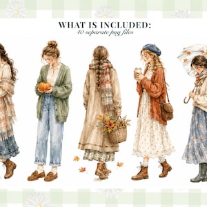 May include: A digital illustration set featuring five figures in autumn attire. Text at the top reads: WHAT IS INCLUDED: 40 separate png files. The figures wear sweaters, scarves, skirts, and boots, holding items like a lantern, pumpkin, basket, and umbrella.