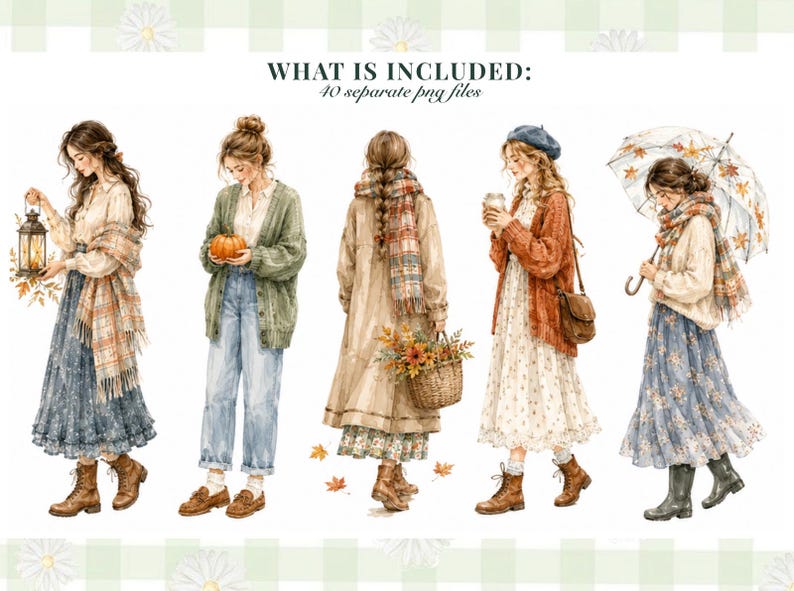 May include: A digital illustration set featuring five figures in autumn attire. Text at the top reads: WHAT IS INCLUDED: 40 separate png files. The figures wear sweaters, scarves, skirts, and boots, holding items like a lantern, pumpkin, basket, and umbrella.