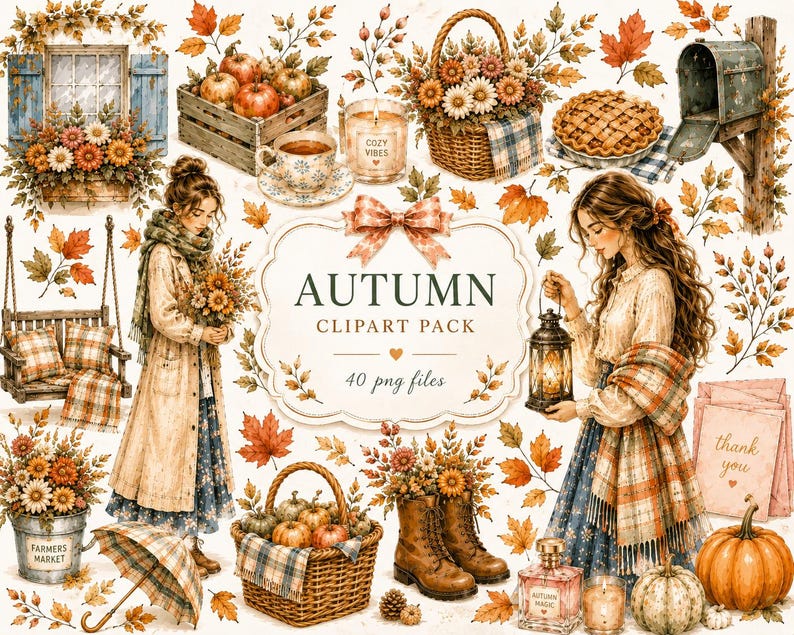May include: A digital collection of autumn-themed illustrations featuring two figures, pumpkins, floral baskets, a mailbox, a pie, a lantern, and fall foliage. The central label reads AUTUMN CLIPART PACK 40 png files with a thank you note nearby.