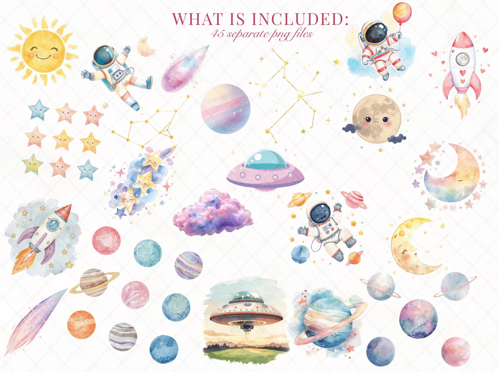 Pastel Outer Space Clipart | Watercolor Elements | Astronaut Rocket ...