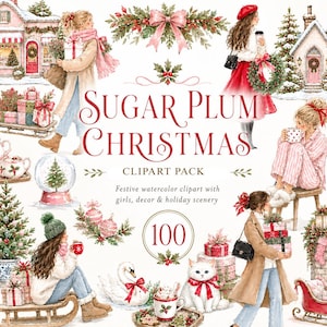 Puede incluir: Una colección de ilustraciones en acuarela titulada Sugar Plum Christmas Clipart Pack que incluye 100 elementos festivos como chicas con ropa de invierno, casas decoradas, una chimenea, regalos, un cisne, un gato y adornos navideños con lazos rojos.