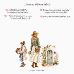 May include: Autumn Clipart Pack featuring 40 PNG files with transparent backgrounds. The illustration shows a person carrying firewood, another person in a hat and long skirt, and a light green arched door surrounded by autumn foliage and pumpkins.