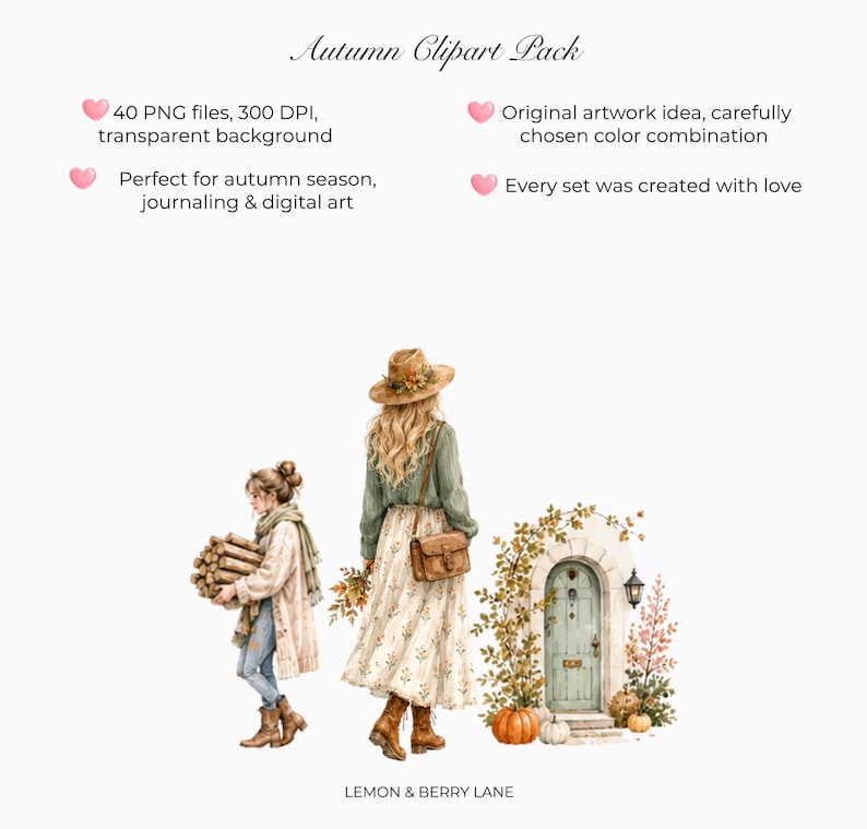 May include: Autumn Clipart Pack featuring 40 PNG files with transparent backgrounds. The illustration shows a person carrying firewood, another person in a hat and long skirt, and a light green arched door surrounded by autumn foliage and pumpkins.