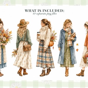May include: A digital illustration set featuring five figures in autumn attire, including plaid scarves, knit sweaters, long skirts, and boots. The text WHAT IS INCLUDED: 40 separate png files is displayed at the top. The figures hold items like flowers, a coffee cup, books, and a basket of apples.