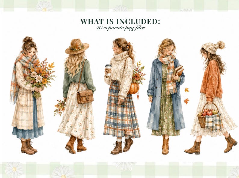 May include: A digital illustration set featuring five figures in autumn attire, including plaid scarves, knit sweaters, long skirts, and boots. The text WHAT IS INCLUDED: 40 separate png files is displayed at the top. The figures hold items like flowers, a coffee cup, books, and a basket of apples.