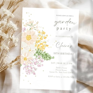 Garden Spring Party Birthday Invitation, Floral Birthday Invite, Elegant Botanical Birthday Invitation, Editable Canva Template