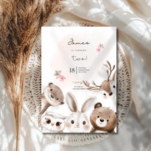 Cute Animal Birthday Invitation | Cupcake Toppers & Thank You Note | Editable Template | Forest Friends Party Invite |  Kids Birthday