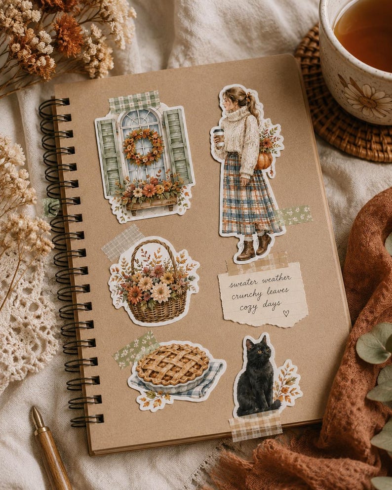 May include: A spiral-bound notebook with tan pages featuring various stickers including a window with a wreath, a person in a sweater and plaid skirt, a basket of flowers, a pie, a black cat, and a note with the text sweater weather crunchy leaves cozy days.