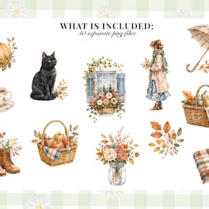 May include: A collection of 40 watercolor illustrations including a pumpkin, black cat, teacup, window with flowers, person in a coat, plaid umbrella, wicker baskets with apples, boots with flowers, a glass jar with flowers, autumn leaves, and a plaid blanket.