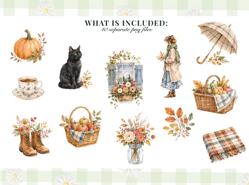May include: A collection of 40 watercolor illustrations including a pumpkin, black cat, teacup, window with flowers, person in a coat, plaid umbrella, wicker baskets with apples, boots with flowers, a glass jar with flowers, autumn leaves, and a plaid blanket.