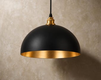 Schwarze Kuppelpendelleuchte mit goldener Innenseite, Messing-Deckenleuchte für Kücheninseln