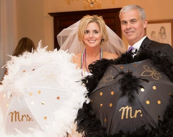 Wedding Umbrellas Second Line Mr. Mrs. bride - set of 2 umbrellas- MEDIUM 19" size- hand painted lettering, fleur de lis, sequins feather