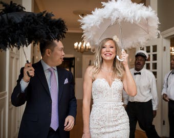 Bride and Groom New Orleans Wedding Second Line Umbrellas- set of 2- MEDIUM or LARGE size- wedding parasols- Mr and Mrs- white ivory black