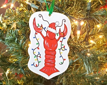 New Orleans Christmas Ornament Santa Crawfish Hanging Lights Made From Original Painted Artwork, 3" x 5", Louisiana keepsake, 1 or 2 sided