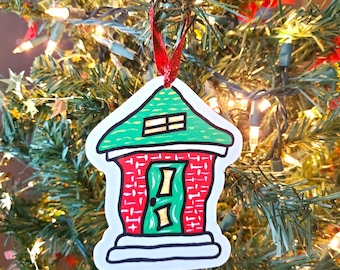 Christmas Ornament Holiday House Made From Original Painted Artwork, 4" x 5", New Orleans Shotgun House, Secret Santa Gift, 1 or 2 sided