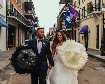 Bride and Groom New Orleans Wedding Second Line Umbrellas- set of 2- MEDIUM or LARGE size- wedding parasols- Mr and Mrs- white ivory black