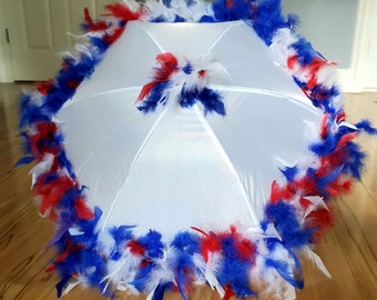 Patriotic Red White Blue on White Medium Feather Parasol Second Line Umbrella New Orleans Military Veterans Memorial Day Parade USA July 4