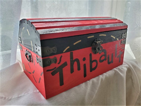 Pirate Treasure Chest Personalized Wooden Red Black Medium Sized 9