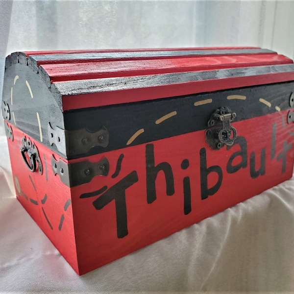 Pirate Treasure Chest Personalized Wooden Red Black Medium Sized 9 inch x 5 inch x 5 inch Latch, Color Choice- gift party favor keepsake box