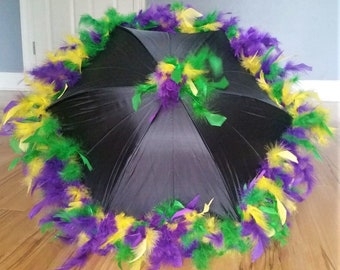 Second Line Umbrella Parasol- Mardi Gras Purple, Green, Yellow on Black Umbrella- New Orleans Birthday- Bachelorette Party- Masquerade