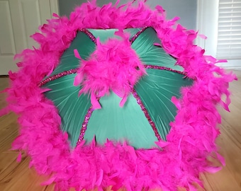 Second Line Umbrella Pink Green with Spine Trim and Feather Edge and Topper- Parasol- New Orleans- Party Accessory- Shade, Walk, Event