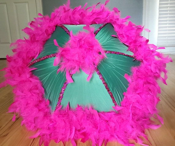 Second Line Umbrella Pink Green With Spine Trim and Feather | Etsy