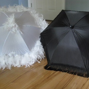 Bride Groom New Orleans Wedding Second Line Umbrellas- feather or fringe set of 2 MEDIUM size wedding parasols- Mr Mrs- white ivory black